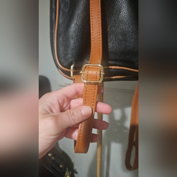 VALENTINA Leather Sling Triple Compartment Bookbag In Black With Tan Trim. - Picture 5 of 16